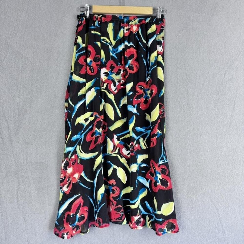 Chico's Silk Skirt Womens 2 Black Floral Lined Sheer Midi‎ Love Holidays Flaws - Picture 2 of 14